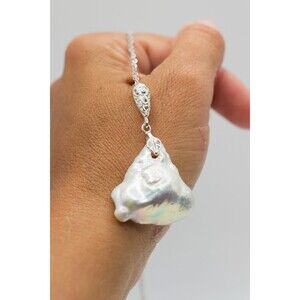 White Huge Baroque Pearl Pendant Statement Sterling Silver Necklace